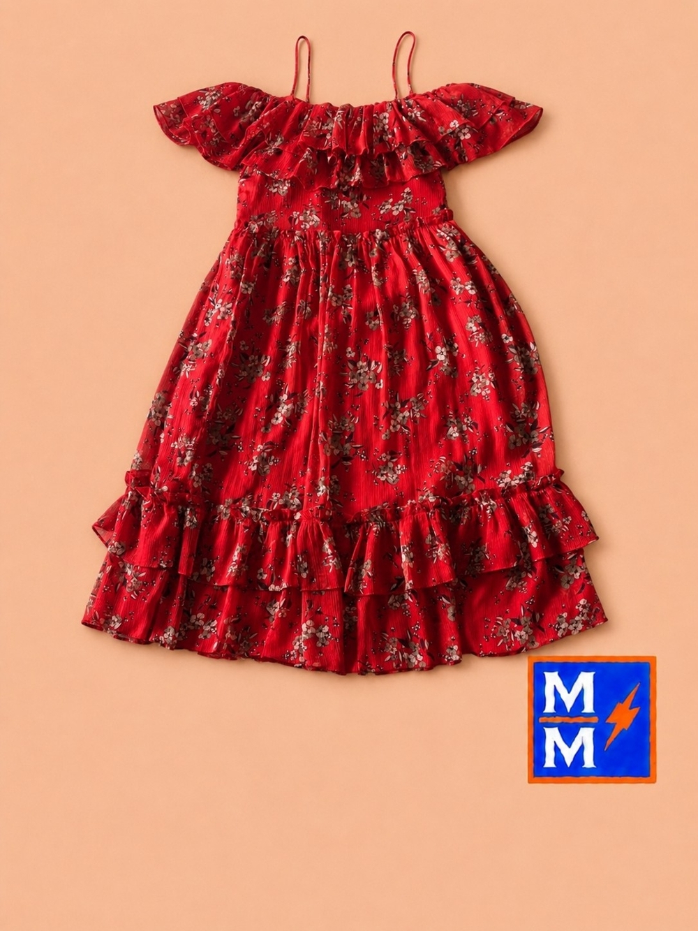 Zara Red Floral Off Shoulder Ruffle Midi Dress XS